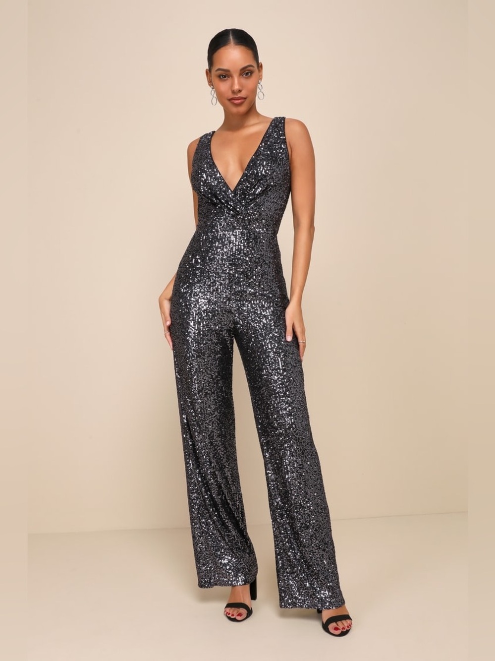 Lulus Radiant Always Dark Grey Sequin Surplice Straight Leg Jumpsuit Size Large